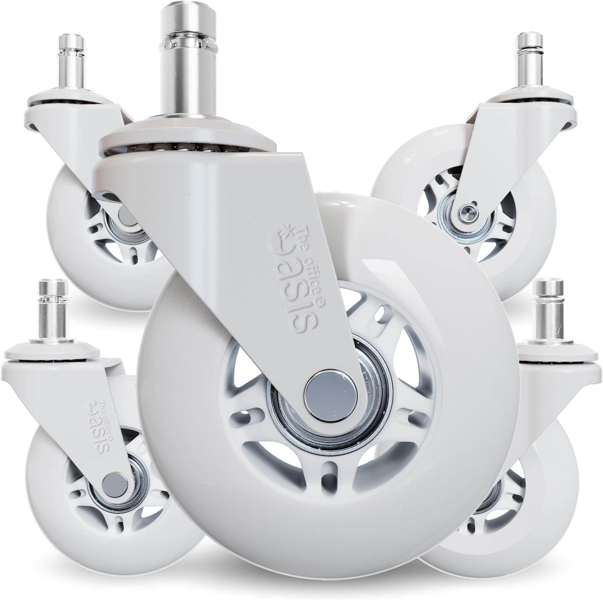 The Office Oasis Original Roller Style Office Chair Wheels (As Seen On PBS) - Smooth & Quiet Casters - Safe for Hardwood Floors & Carpet - Easy Install with Universal Fit - Set of 5 - White