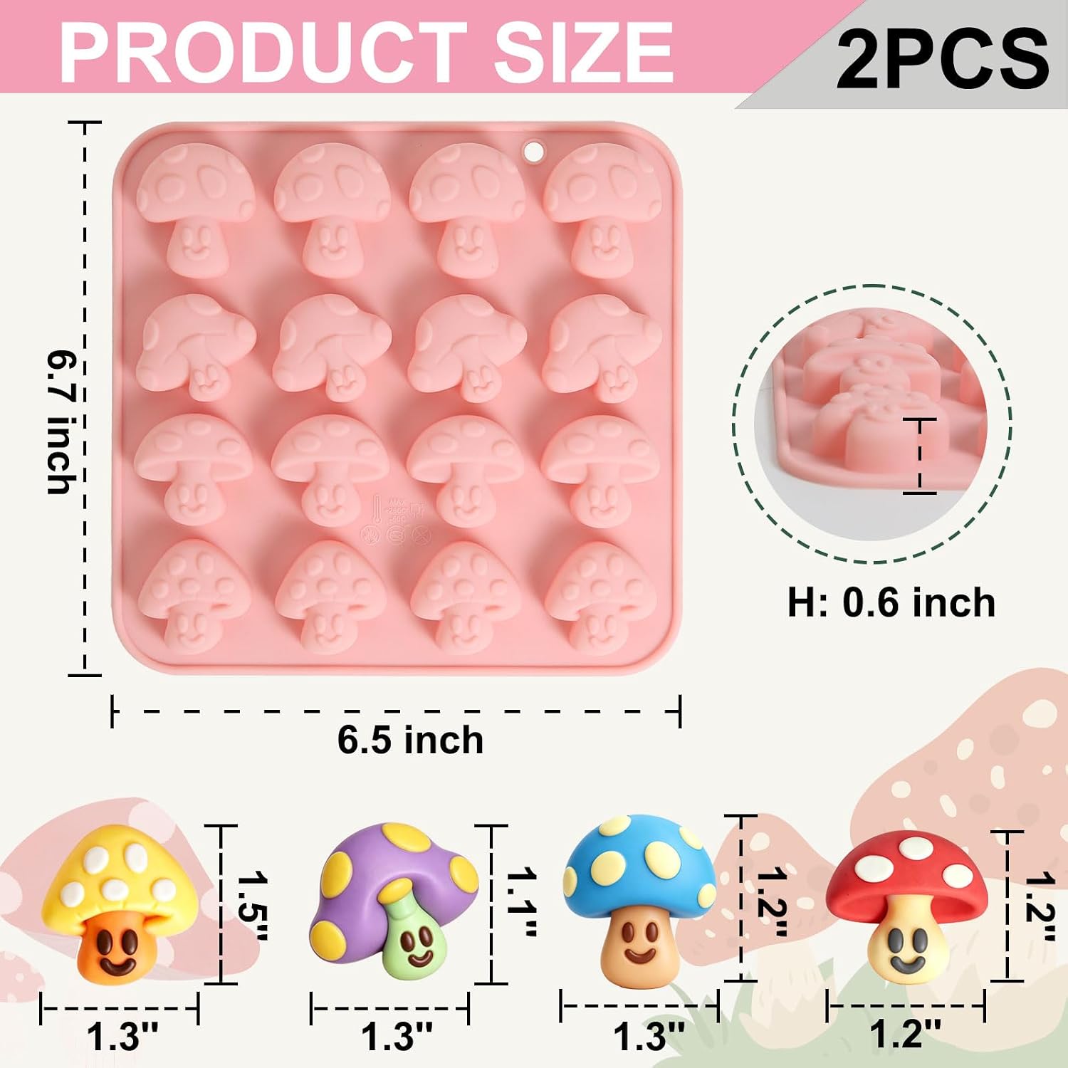 Mushroom Silicone Molds 2-Pack, 16-Cavity 3D Cute Mushroom Gummy Mold for Chocolate, Candy, Jelly, Fondant | Food Grade Baking Mold for Cake Decor, Resin, Soap, Candle DIY Crafts