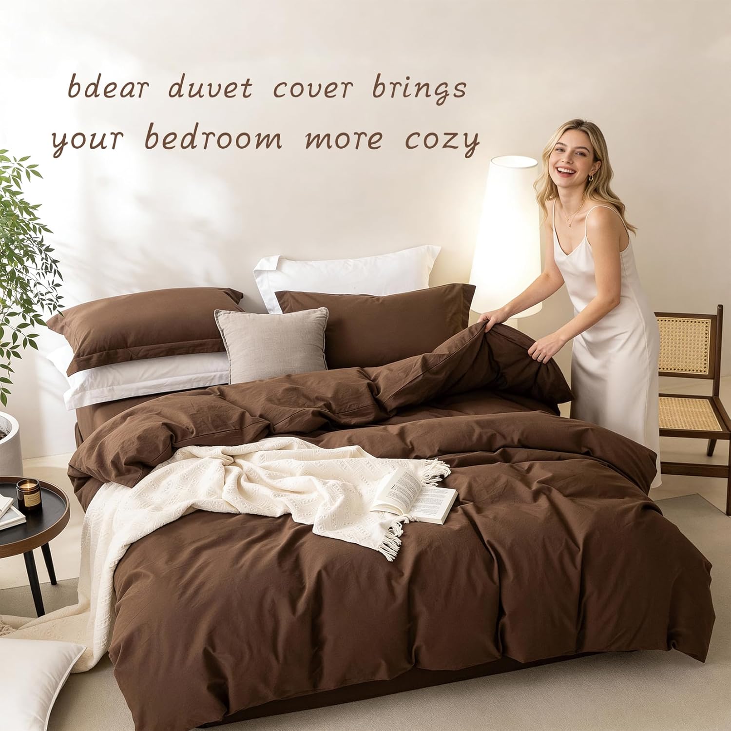 3 Pieces Cocoa Brown Duvet Cover Set Queen Size 90'' L x 90'' W, 100% Washed Cotton Duvet Cover with Zipper Closure Plus 2 Pillowcases, Oeko TEX Standard 100 Certificated, Cozy Feel