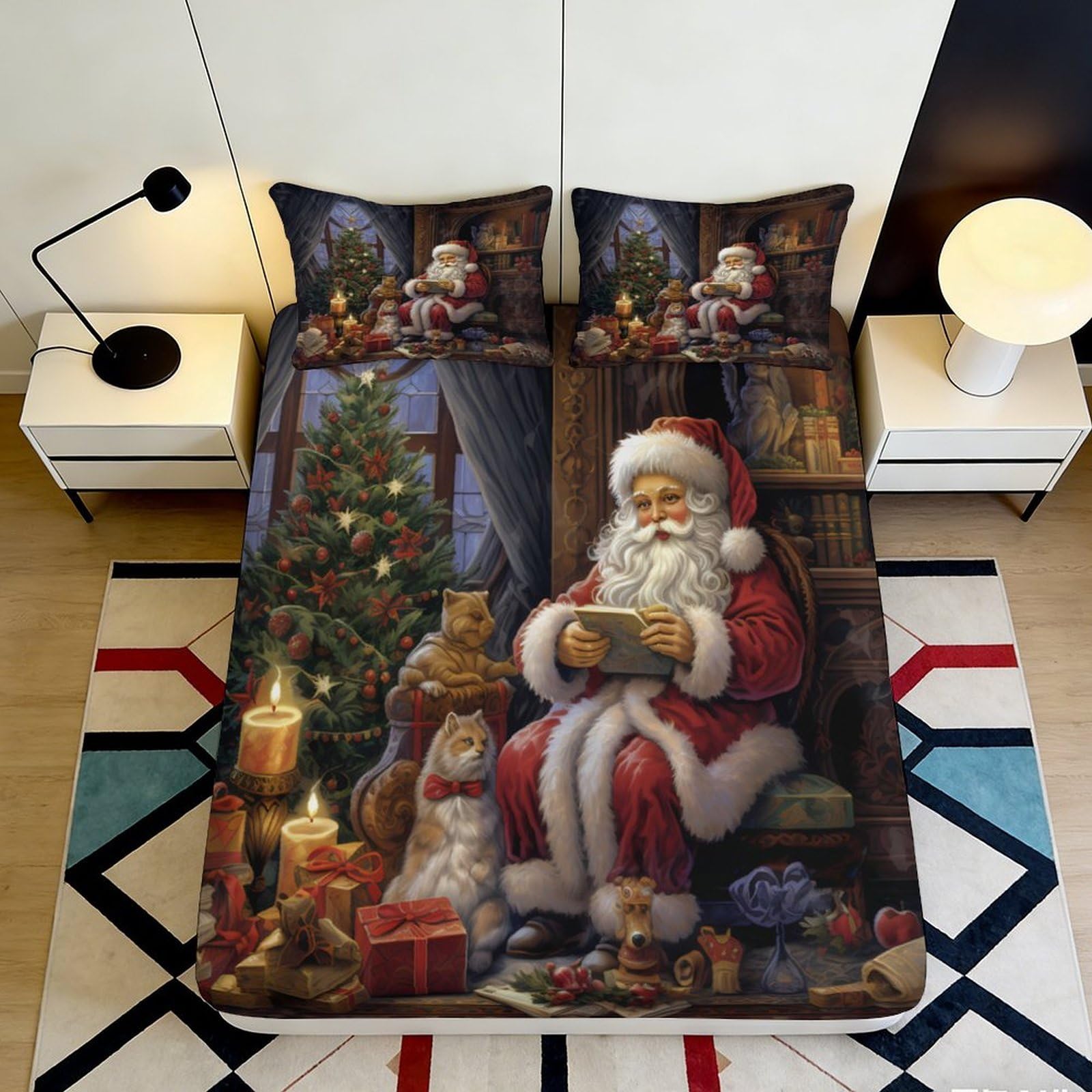 3D Printed Christmas Santa Fitted Sheet Microfiber Soft Breathable Christmas Tree Bed Sheet for Bedroom Guest Room Decor 90x200x25cm