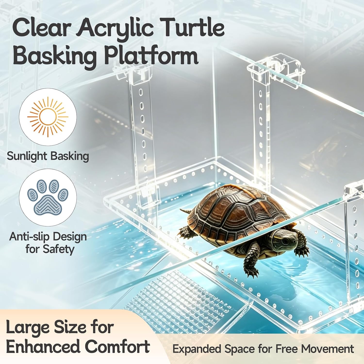 Turtle Basking Platform, Clear Acrylic Turtle Dock with Slip-Resistant Ramp and Built-in Hooks for Aquatic Turtles, Direction-Adjustable Ramp, Turtle Terrace, Turtle Tank Accessories