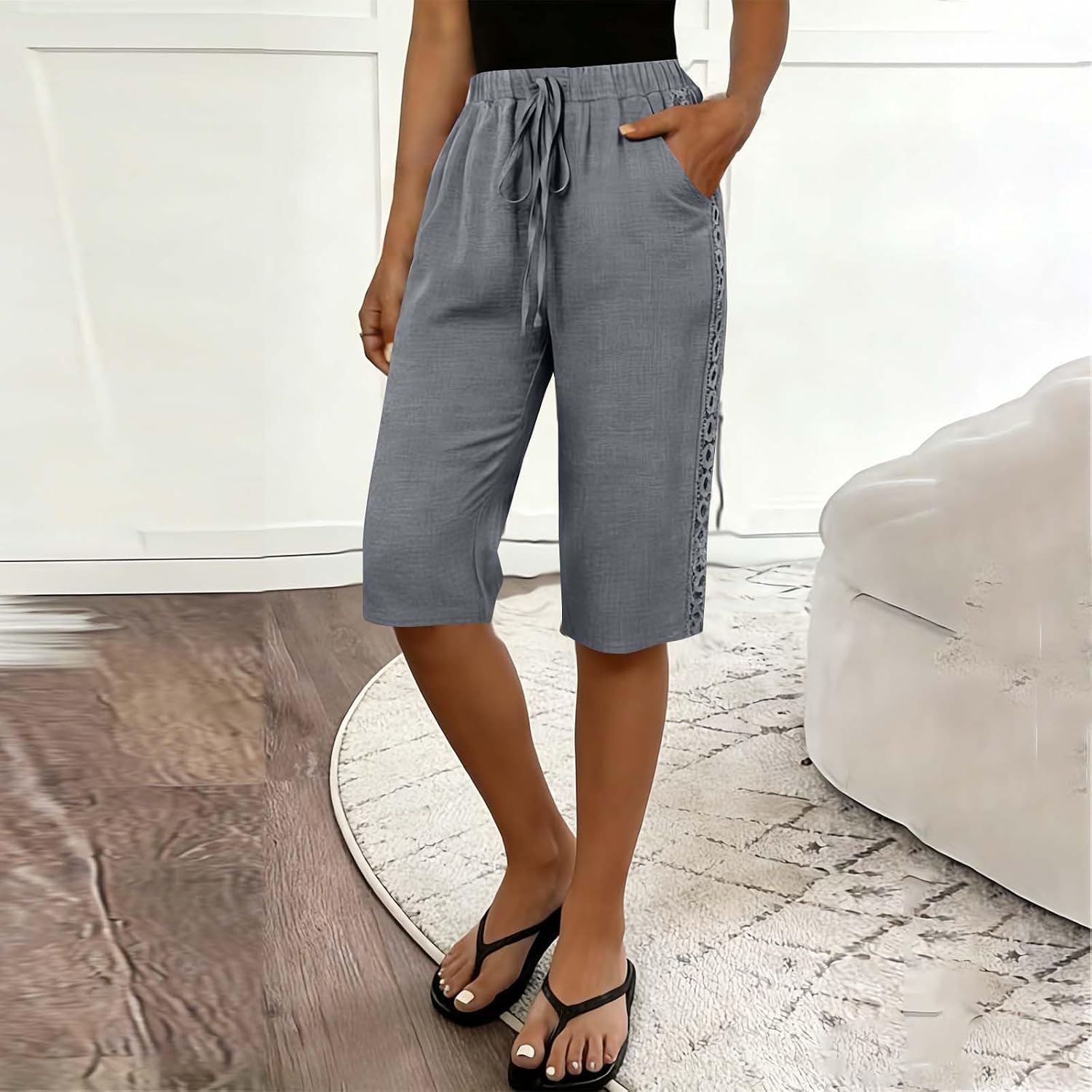 Womens Bermuda Shorts High Waisted Lace Side Summer Shorts with Pockets Lightweight Cotton Linen Capri Pants