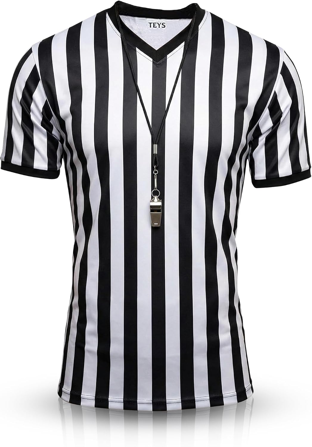 Teys Men's V-Neck Referee Shirt and Whistle Set, Official Striped Ref Jersey for Football, Basketball and Volleyball