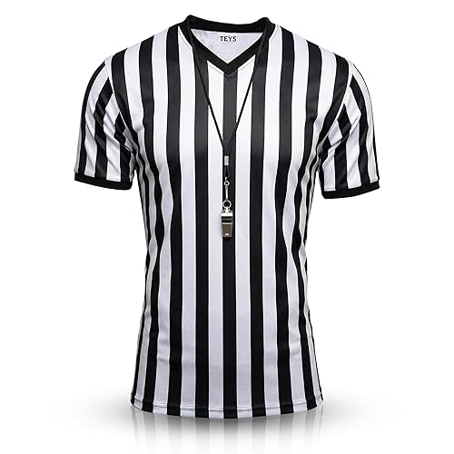 Teys Men's V-Neck Referee Shirt and Whistle Set, Official Striped