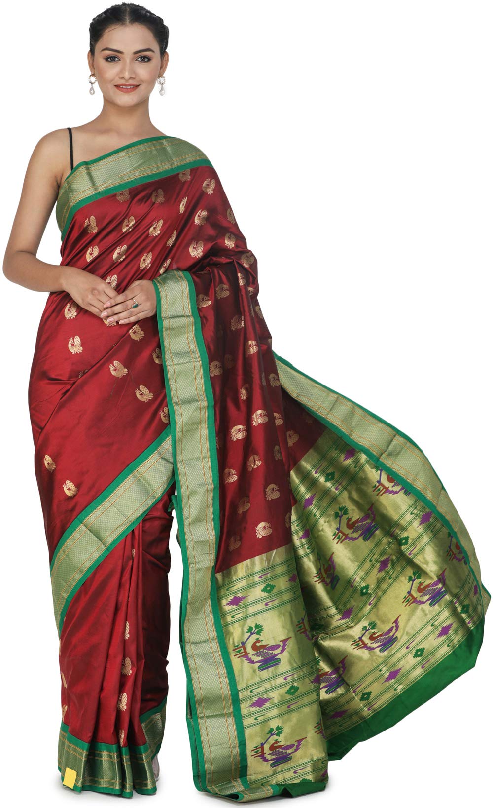Exotic IndiaSavvy-Red Brocaded Paithani Uppada Fusion Sari from Bangalore with Peacocks on Border and Heavy Pallu