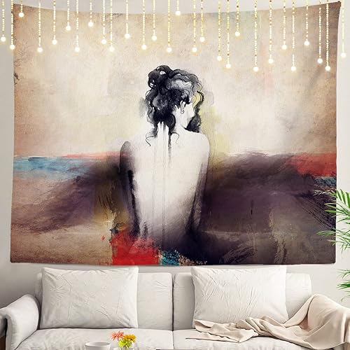 Shrahala Tapiz de pared abstracto de tinta para mujer, pintura retrato para colgar en la pared, tapiz grande decorativo de fibra de poliéster,