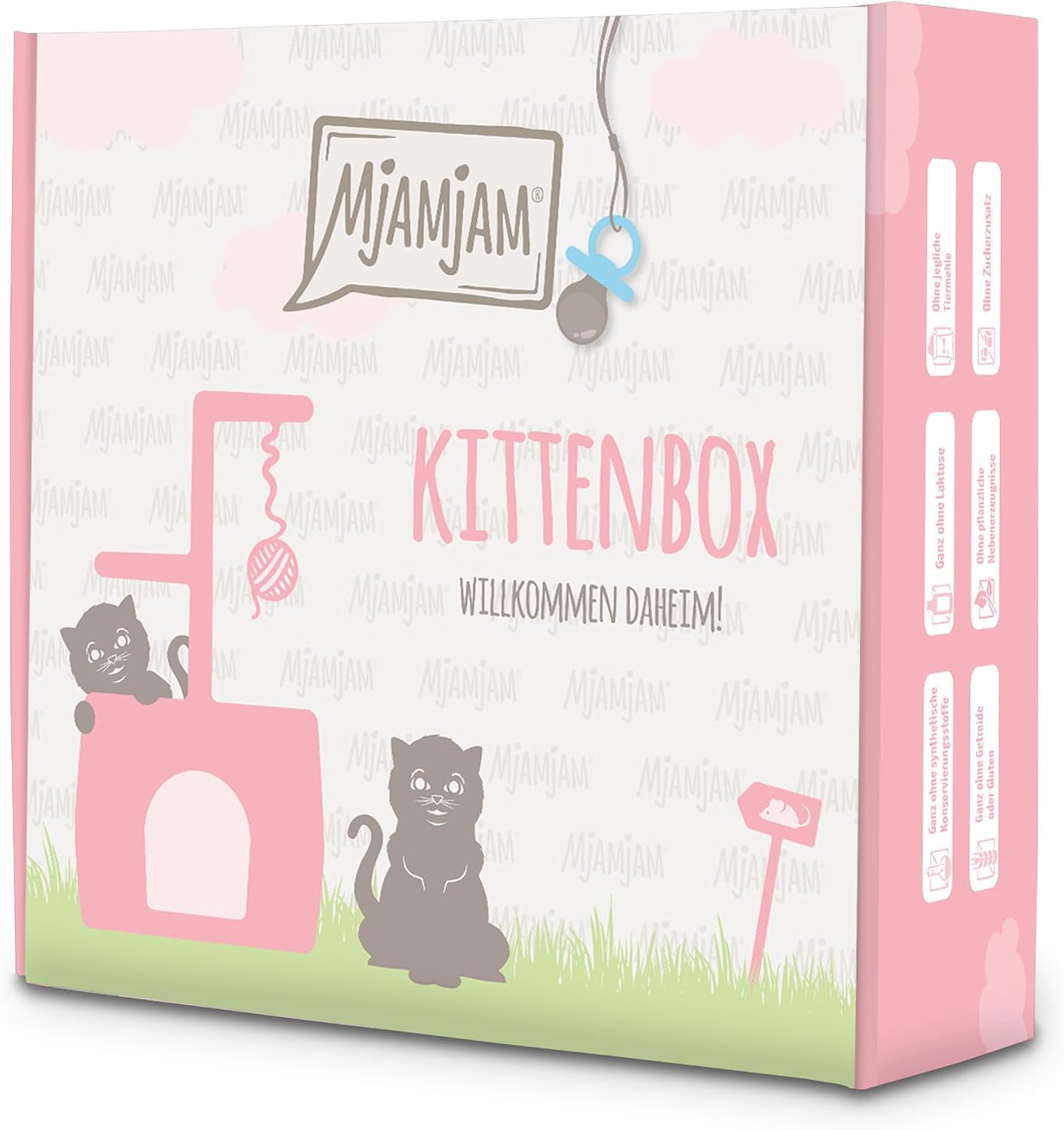 MjAMjAM - Premium Wet Food for Cats - Kitten Box - 3 x Chicken with Salmon Oil and 3 x Veal with Salmon Oil Food Bag Ballpoint Pen Can Lid Pack of 6 6 x 200 g