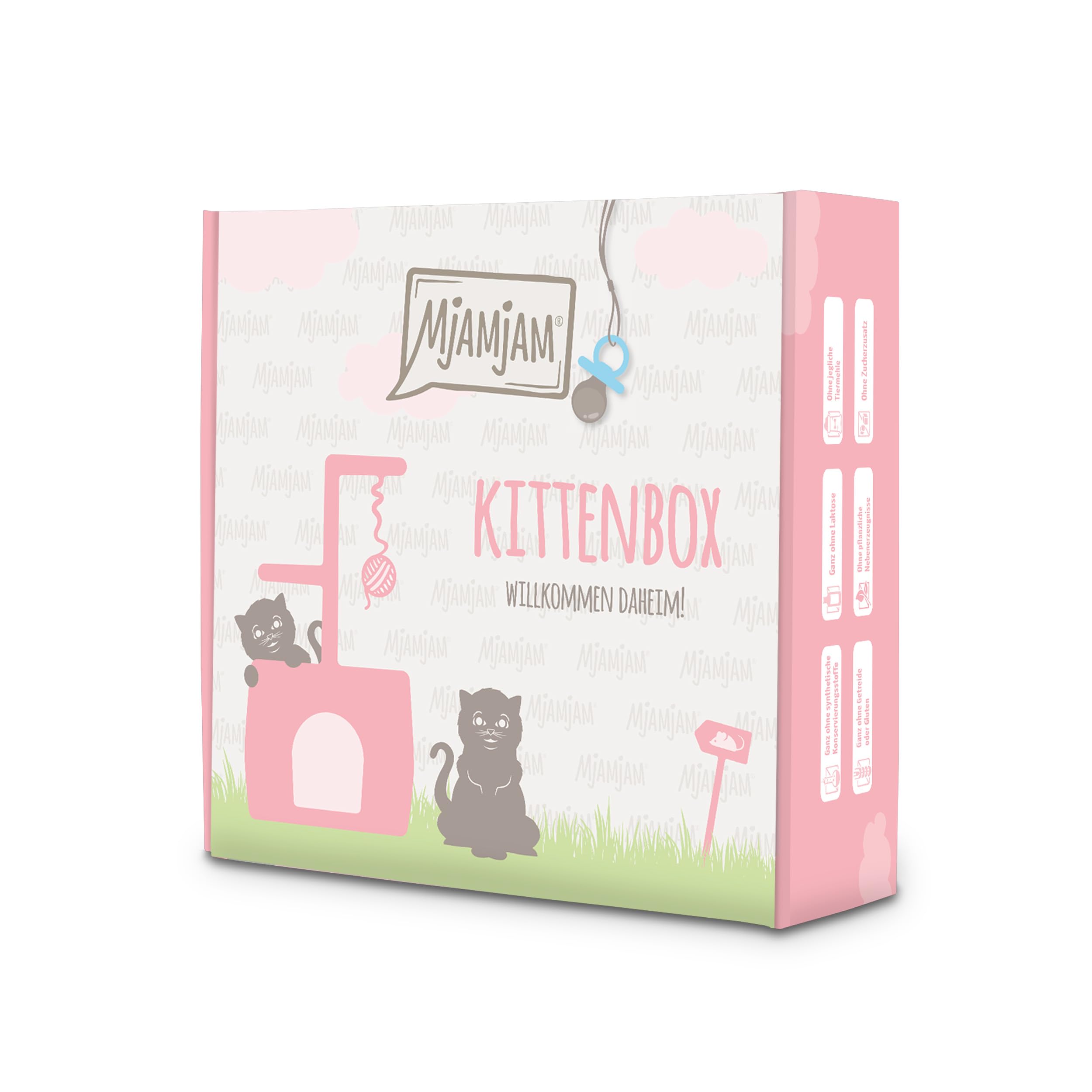 MjAMjAM - Premium Nassfutter für Katzen - Kittenbox - 3x Huhn mit Lachsöl & 3x Kalb mit Lachsöl, Futterbeutel, Kugelschreiber, Dosendeckel, 6er Pack (6 x 200 g)