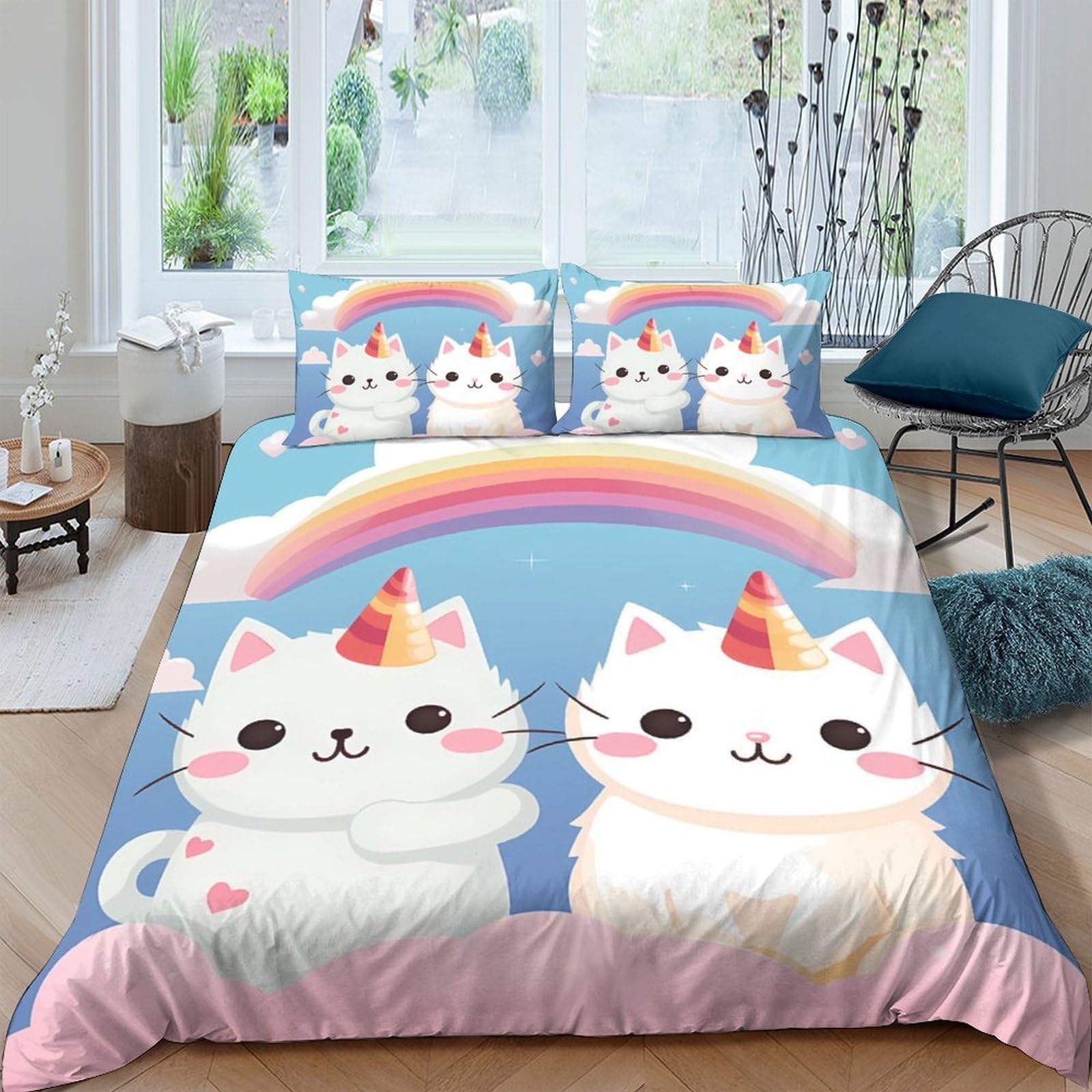 TUFRTGYHN 3D Printed Cute Cat Rainbow Duvet Cover Microfiber Soft Pastel Unicorn Quilt Cover Set with 2 Pillowcases for Bedroom Decor Single（135x200cm）