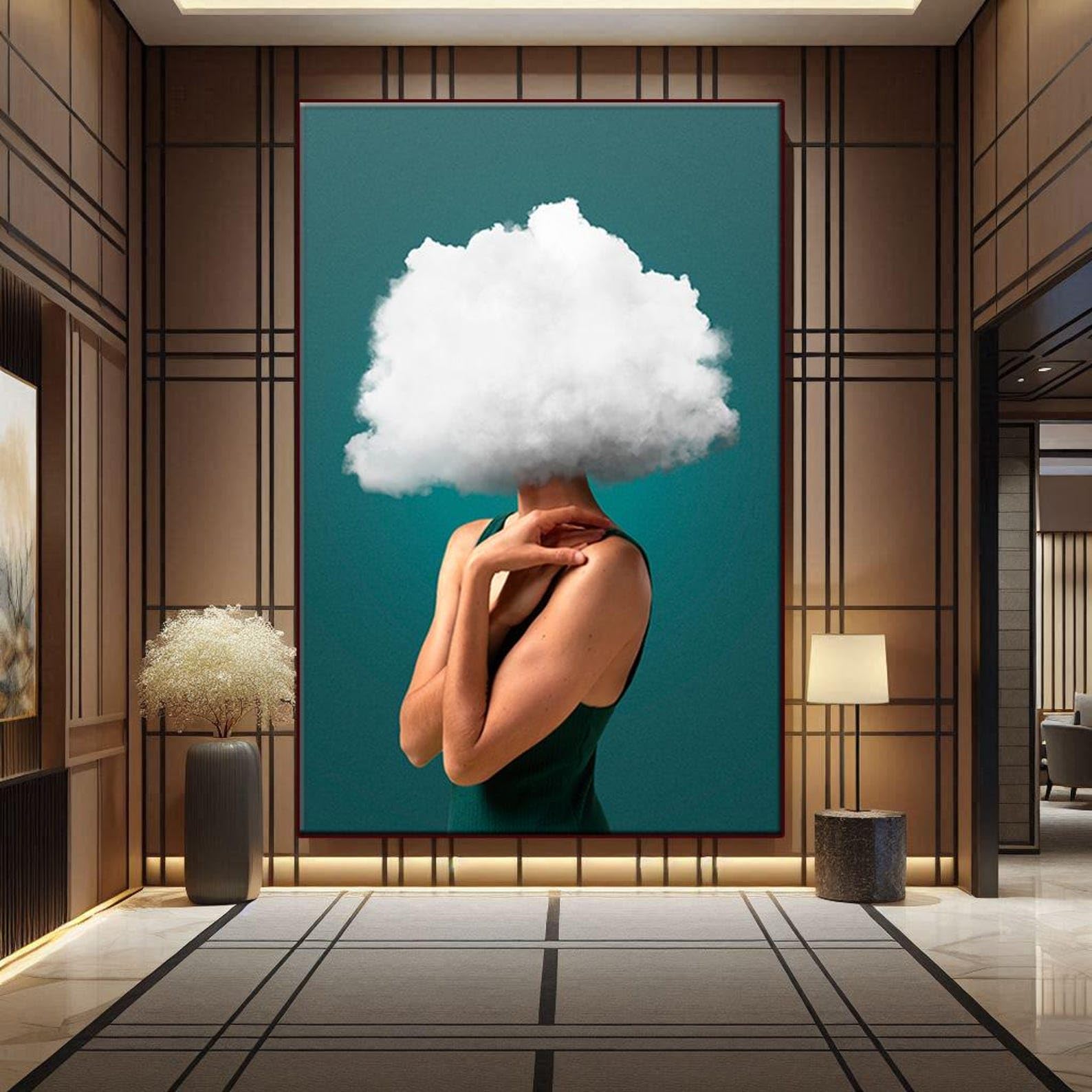 LMYCHENG Chmura głowa kobiety plakaty i druki nowoczesne marzycielskie płótno ścienne minimalistyczny obraz surrealistyczna abstrakcyjna grafika kobieca (70x100 cm/bez ramki)