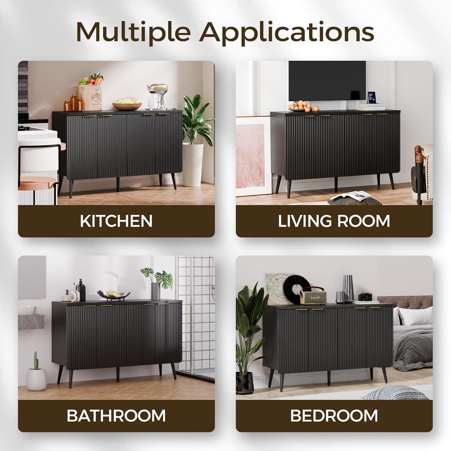 4-Door Fluted Sideboard Buffet Cabinet, 47" Large Storage Cabinet with Shleves, Wood Modern Accent Credenza Kitchen Table for Dining Room, Living Room & Entryway, Black