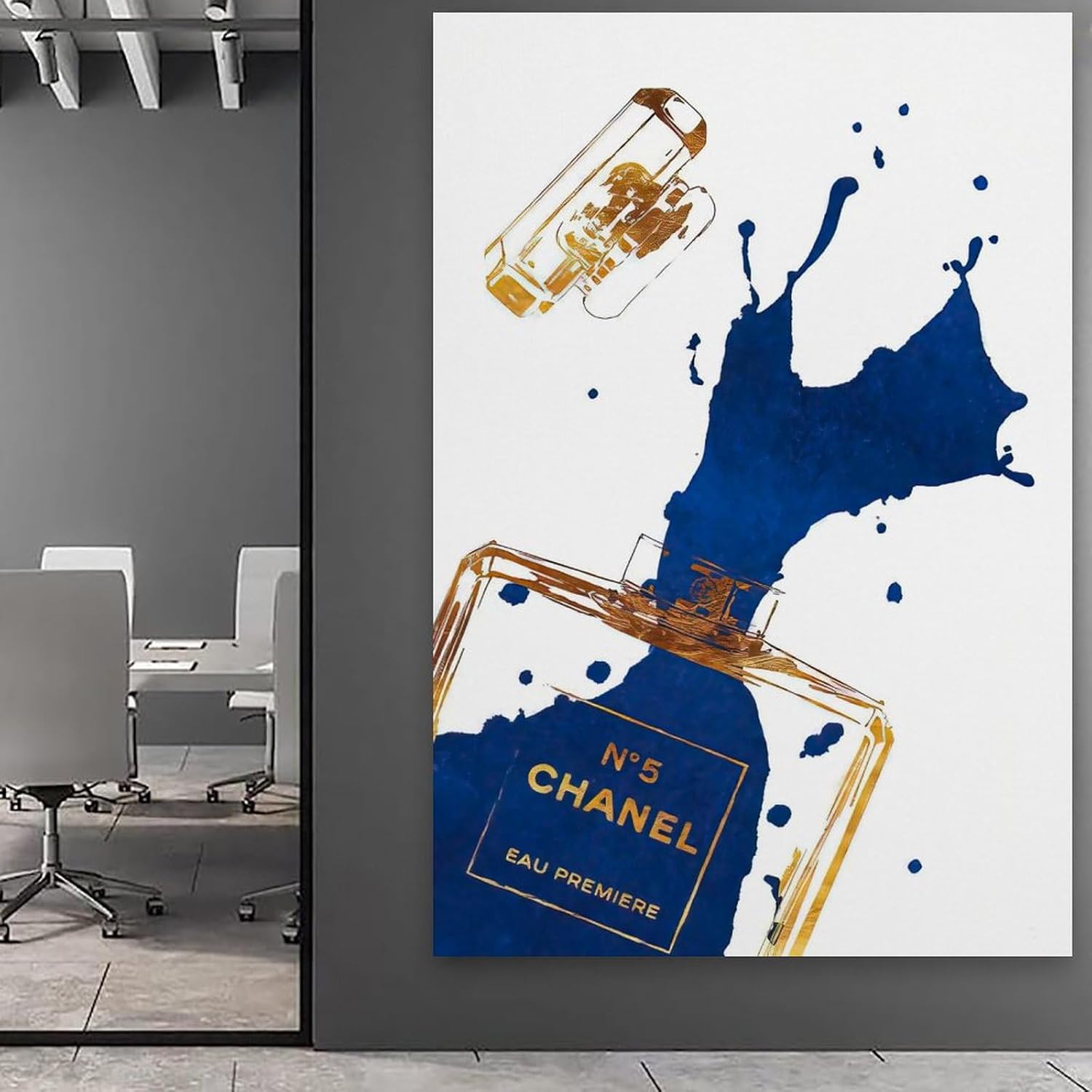 BanLaArt Fashion Gold Perfume Bottle With Navy Blue Splash Canvas Print Poster Decorative Painting Canvas Wall Art Picture Print Modern Family Bedroom Decor 16x24inch(40x60cm), style-1