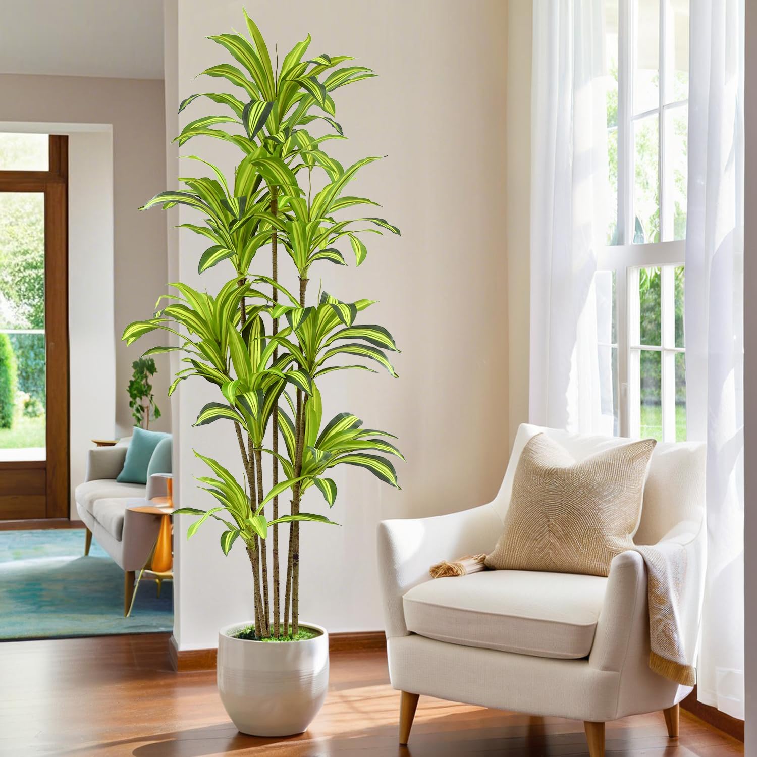 Faux Dracaena Tree 7ft(84in) Artificial Plant with Realistic Leaves and Trunks,Fake Floor Potted Tall Artificial Trees for Home Office Decor Indoor (7Feet,1Pack) - Image 3