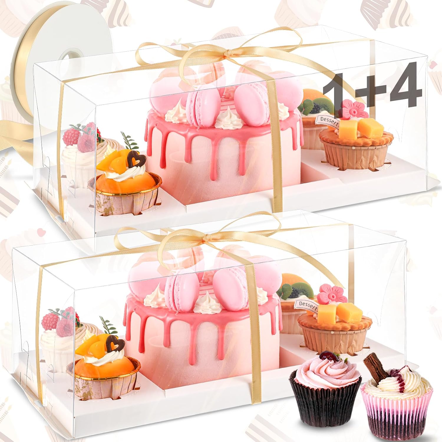 Sayglossy 2 Pack 1+4 Bento Cake Boxes Bento Cakes and Cupcakes Combo Clear Box Fit 4 Cupcakes and 1 Mini Cake for Valentine's Day Wedding Birthday Party Treats Donuts Muffins Bakery Supplies