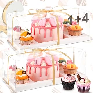 2 Pack 1+4 Bento Cake Boxes Bento Cakes and Cupcakes Combo Clear Box Fit 4 Cupcakes and 1 Mini Cake for Wedding Birthday Party Mother's Day Treats Donuts Muffins Bakery Supplies