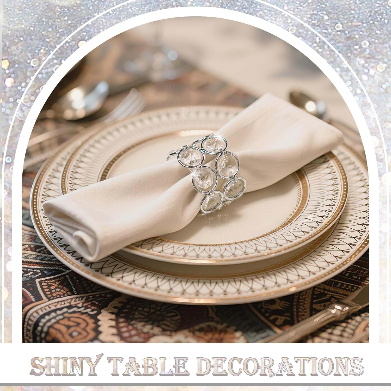 Crystal Metal Napkin Rings Set, Elegant Wedding/Party Table Decor, Shiny Holiday Dinner Accessories Bulk, Bridal Shower Gift, Anniversary, Christmas, Home Decor Essentials (Silver, 12-Pcs)