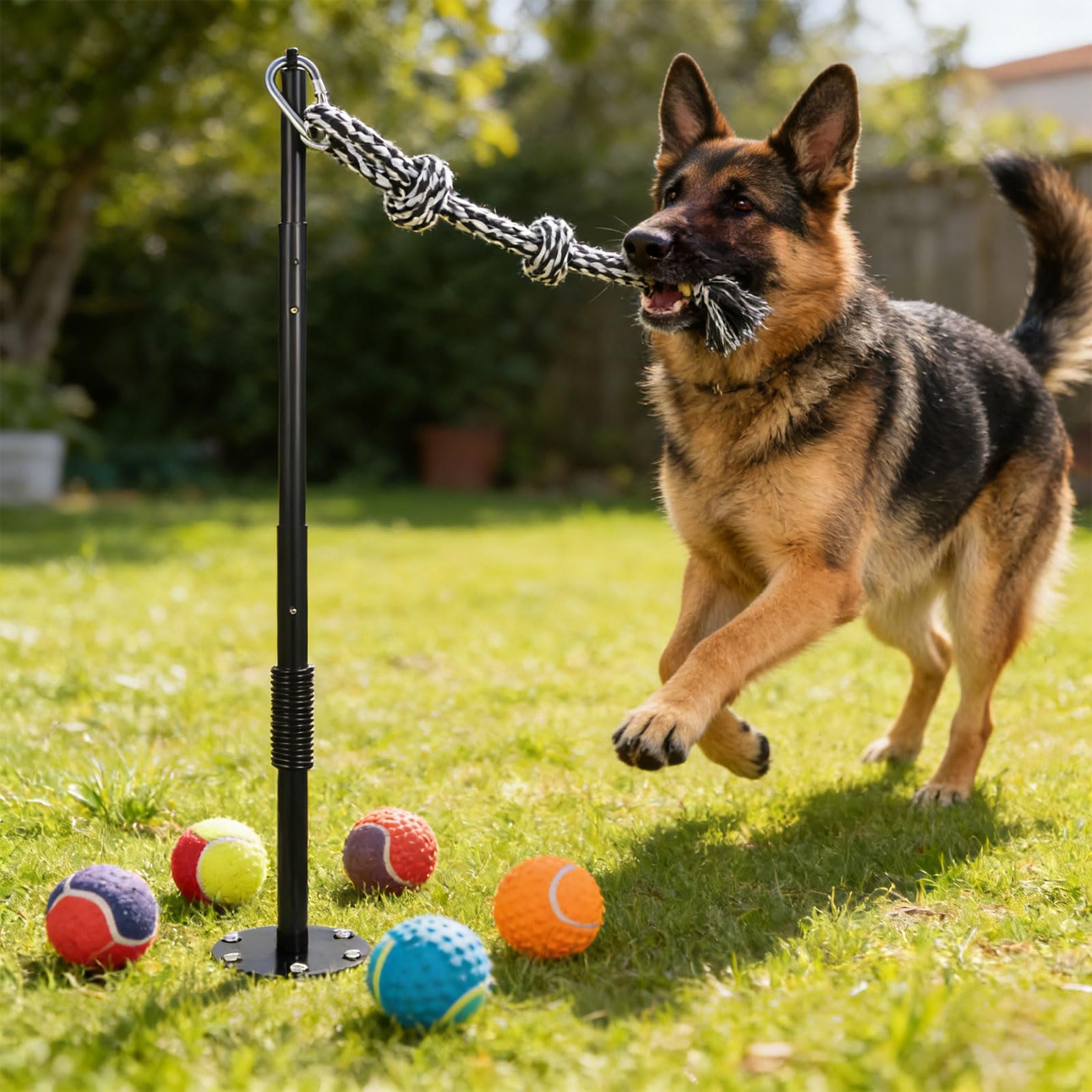 Versátil juguete para perros al aire libre, postes de resorte con correas elásticas para patios traseros, ejercicio divertido y juego seguro, durabilidad