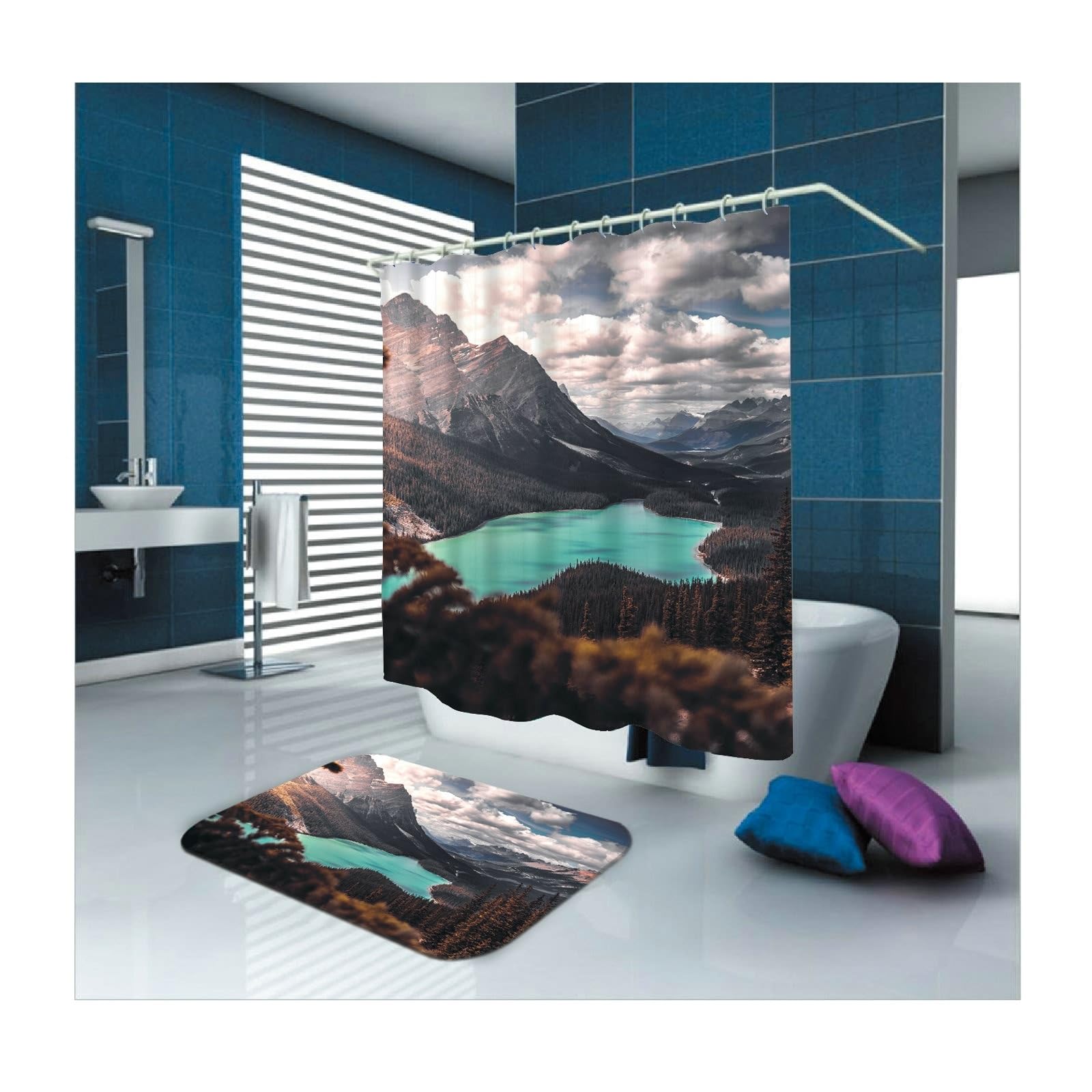 Rideau de douche marron 90x180 cm imperméable en polyester à motif montagne lac pour petite cabine