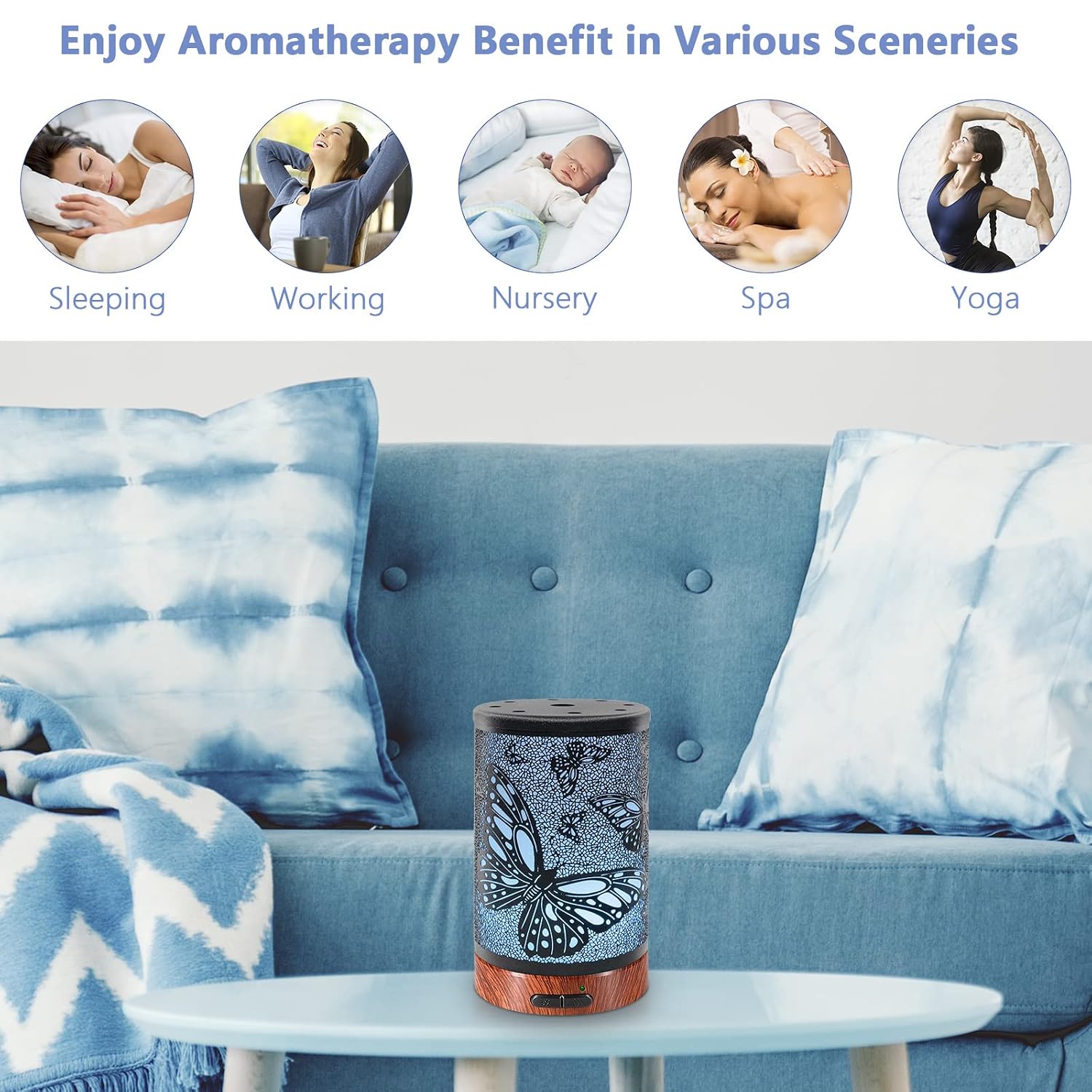 EQUSUPRO Essential Oil Diffuser 100ml Metal Aromatherapy Oil Diffuser Ultrasonic Cool Mist Diffuser with Waterless Auto Shut-Off Protection,7 Colors Changed LED for Home Office SPA Yoga (Butterfly)