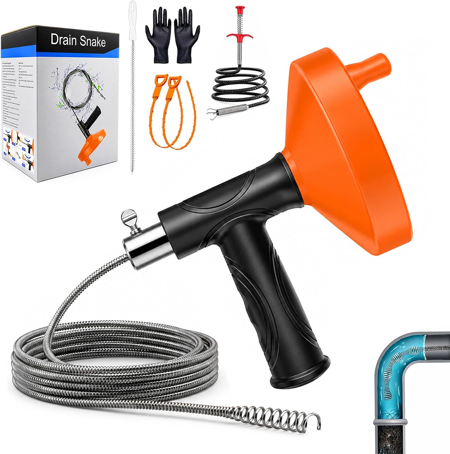 33 FT Drain Snake Auger, Plumbing Snake Drain Hair Clog Removal Tool, Sink Unclogger Drain, Heavy Duty Drum Auger, Cleaner Tool for Bathroom Kitchen Tub Shower Drain Clog Remover with Gloves