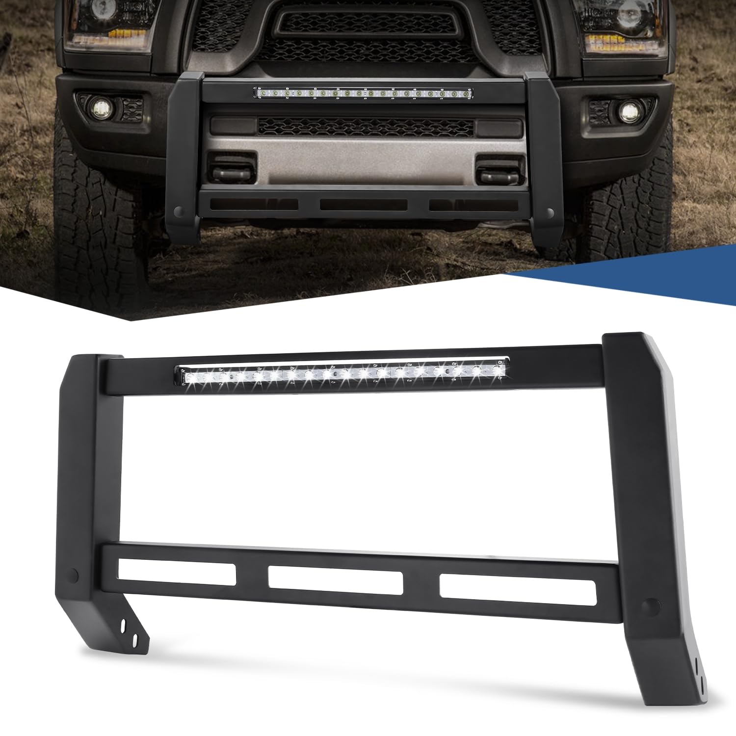 06 Ram Grille Matte Black AVT Style LED Light Bull Bar Brush Push Front ...