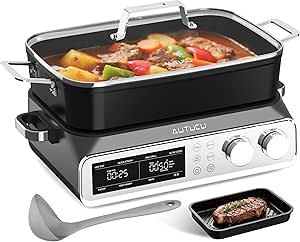 N21NA Pro Slow Cooker 10 Quart, 8-in-1 Programmable PFOA-Free Ceramic Coated Multi-Cooker with Grill Pan, Steaming Plate