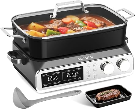 N21NA Pro Slow Cooker 10 Quart, 8-in-1 Programmable PFOA-Free Ceramic Coated Multi-Cooker with Grill Pan, Steaming Plate Includes Silicone Spoon & Tongs