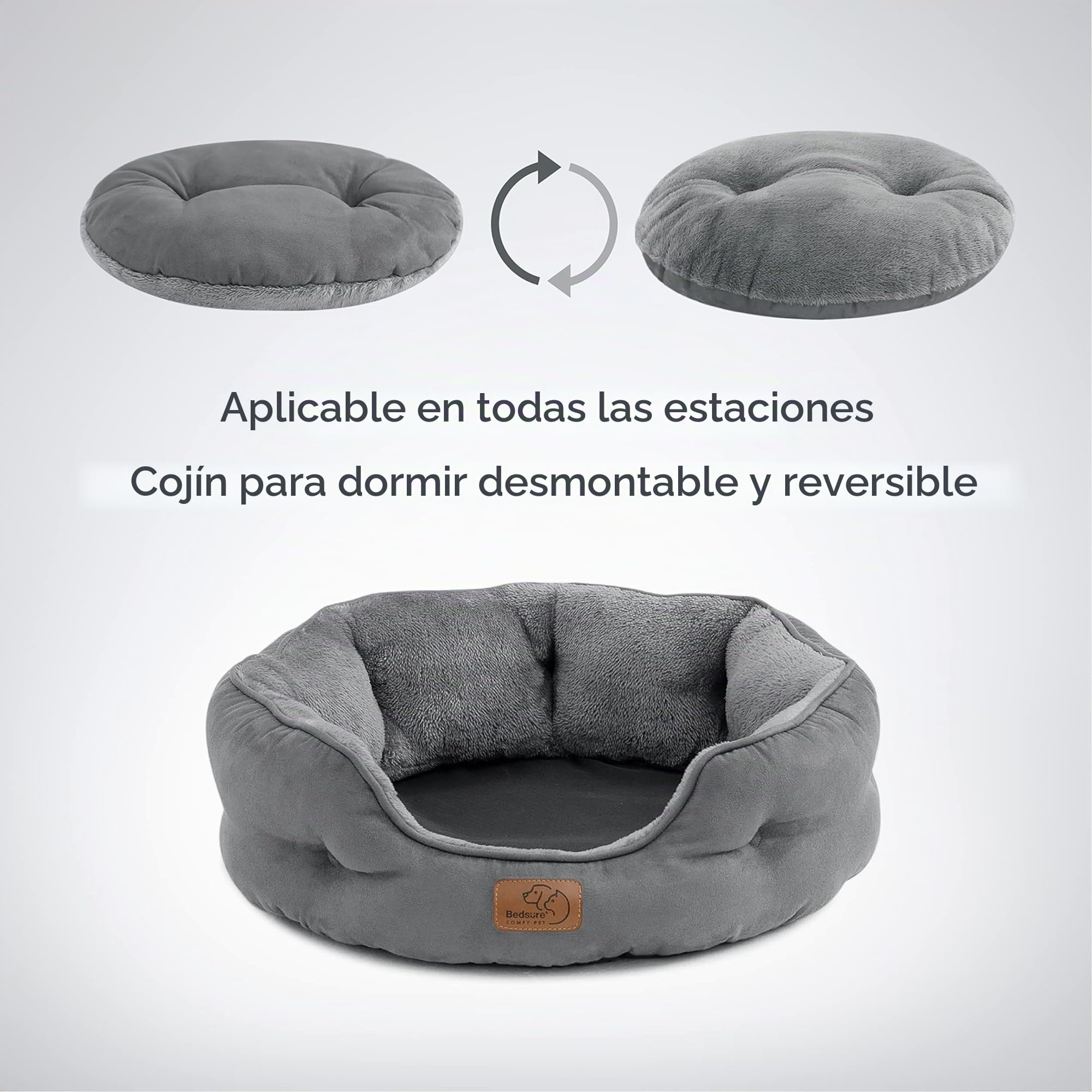 Bedsure Cama Grande Lavable Gatos - Redonda Antideslizante Interior para Gatitos y Cachorros, Gris 51x48x15cm