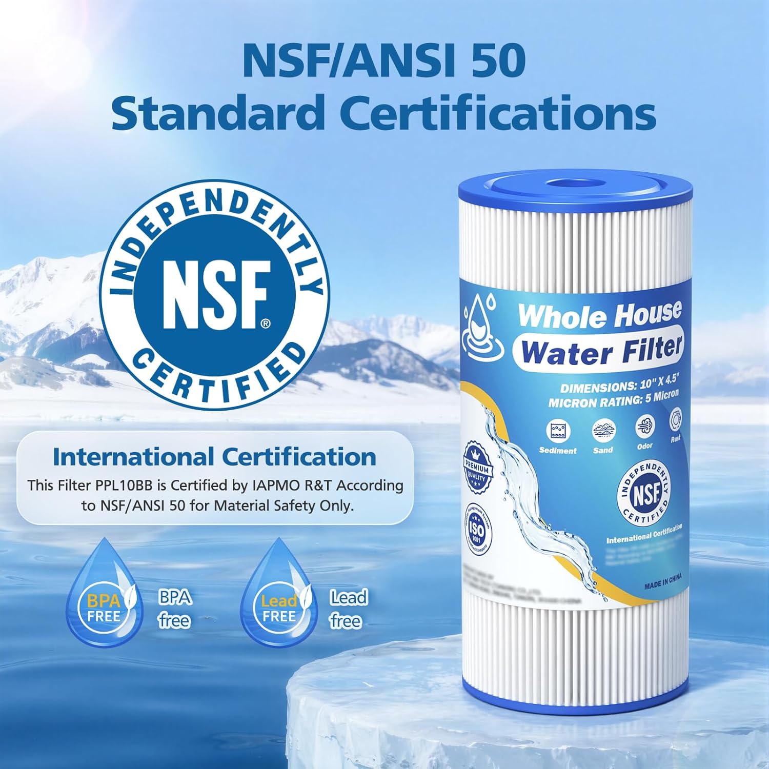 5 Micron 10" x 4.5" Whole House Water Filter Compatible with GE FXHSC, GXWH40L, Plumber W50PEHD, Culligan R50-BBSA, Pentek R50-BB, W10-PR, DuPont WFHDC3001, W50PEHD, High Flow Sediment Filters, 4 Pack