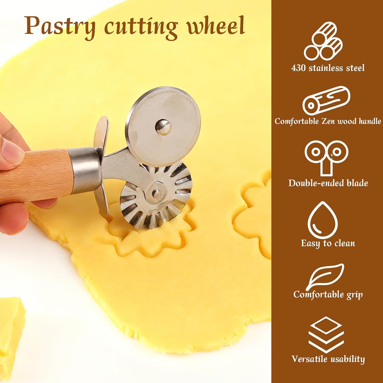 Pastry Cutter Double Wheel, Stainless Steel Ravioli Pasta Cutter Tool with Wooden Handle Professional Kitchen Baking Tool for Pasta Cookies Pie