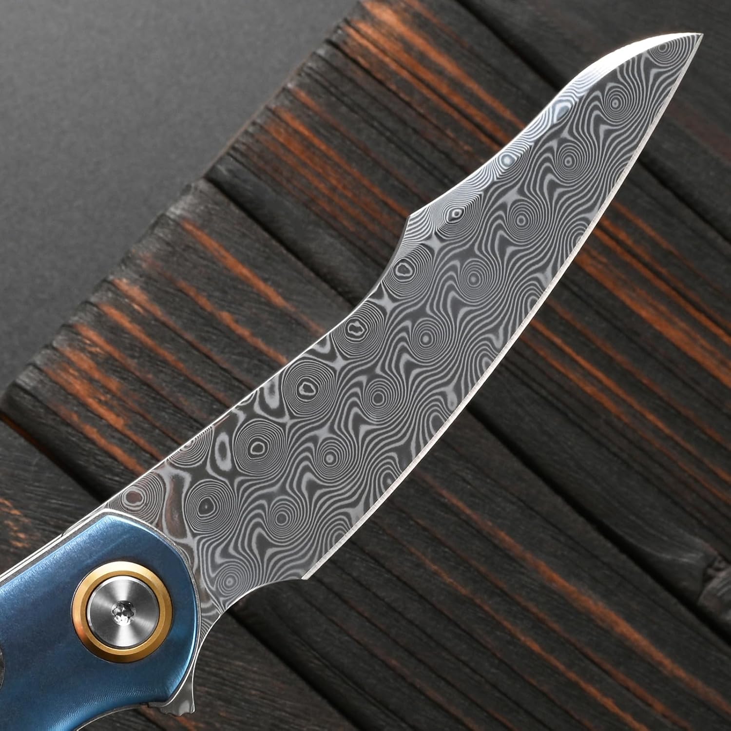 Sitivien ST241 Folding Knife, Damascus Steel Titanium and Carbon Fiber Handle with Ball Bearing for Outdoor Camping Hiking Survival (Blue)