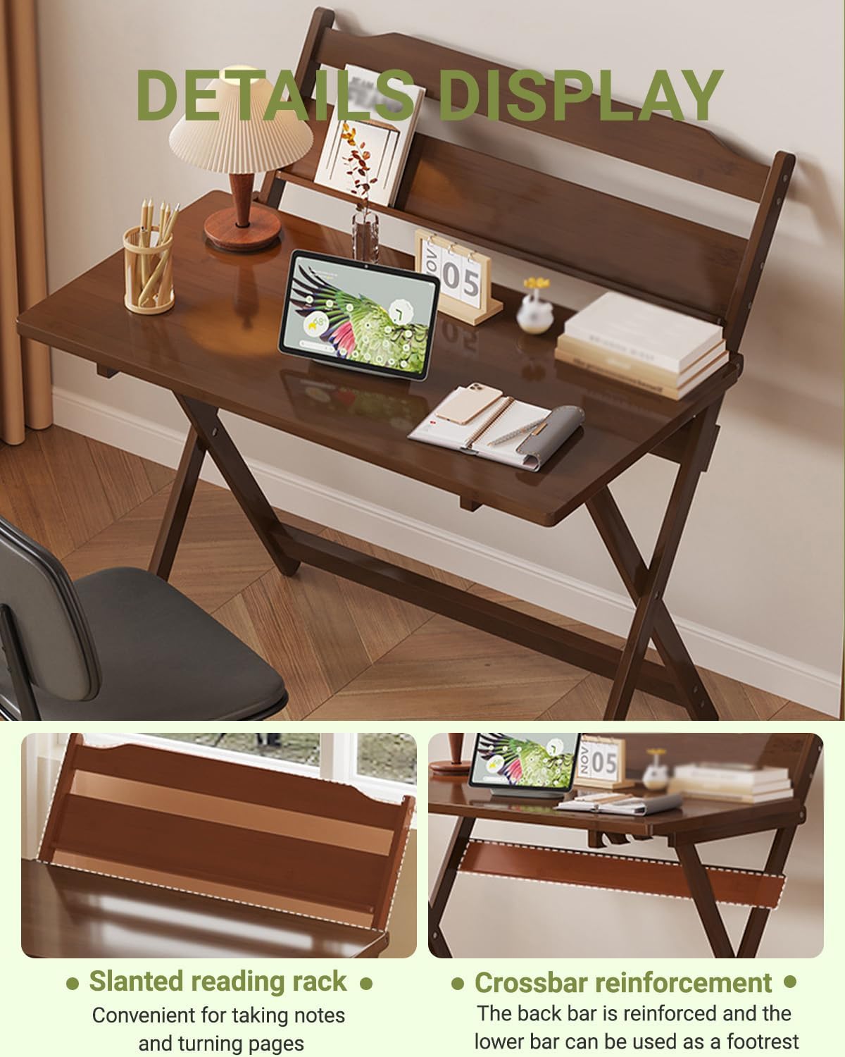 Folding Desk for Small Spaces, Student Writing Desk, Computer Deskadjustable Height Table Bamboo for Living Study Room, School, for Couch, Sofa, Bed, Chair (31.5")