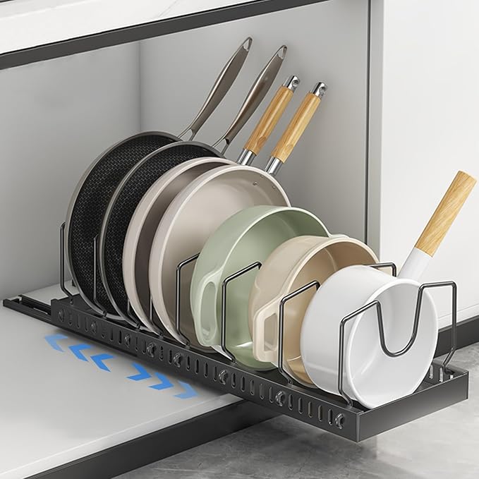 Pots and Pans Organizer Under Cabinet, Sliding Pot Lid Holder and Pan Rack in Kitchen, Pull out Pot and Pan Organizer, for Pot Lid, Bakeware, Dishes, Pots and Pans Storage