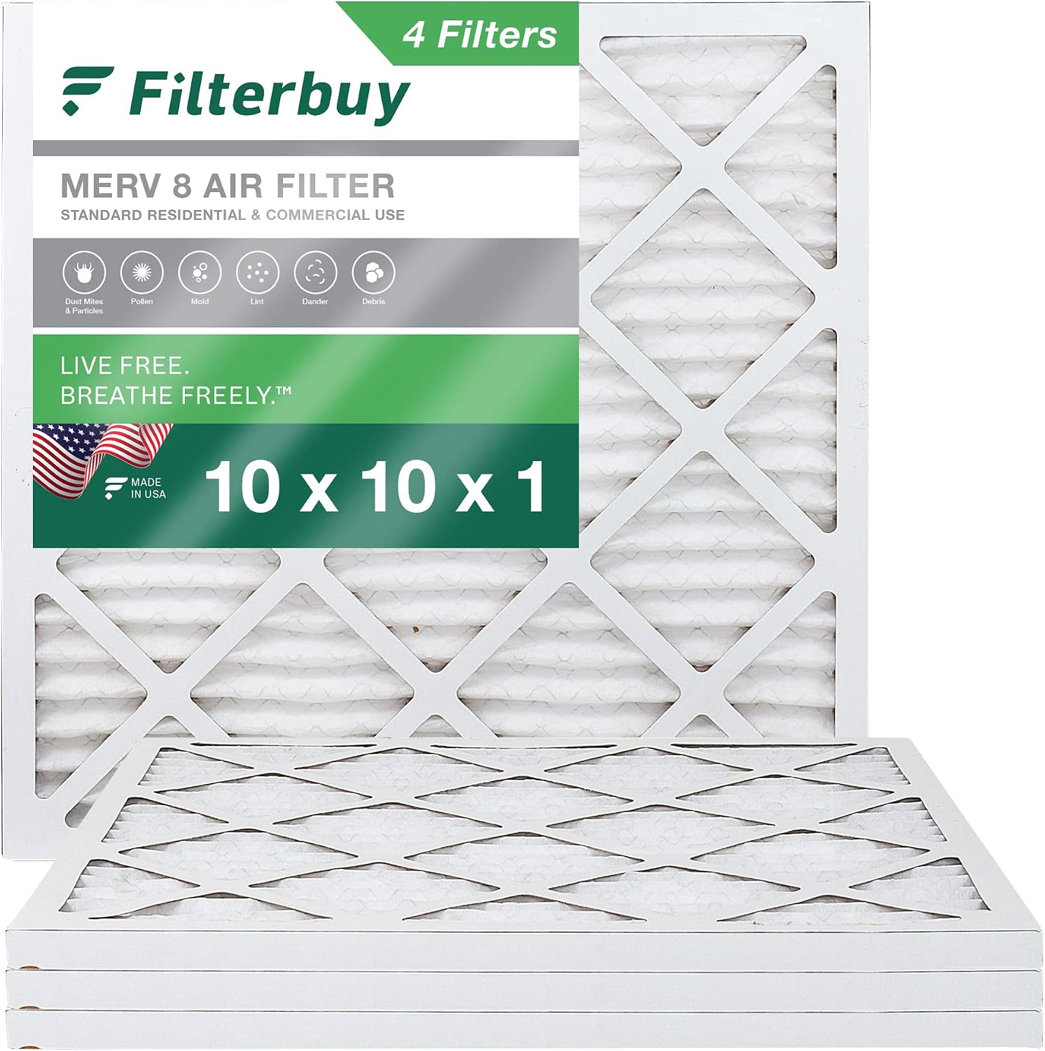 Filterbuy 10x10x1 Air Filter MERV 8 Dust Defense (4-Pack), Pleated HVAC AC Furnace Air Filters Replacement (Actual Size: 9.50 x 9.50 x 0.75 Inches)