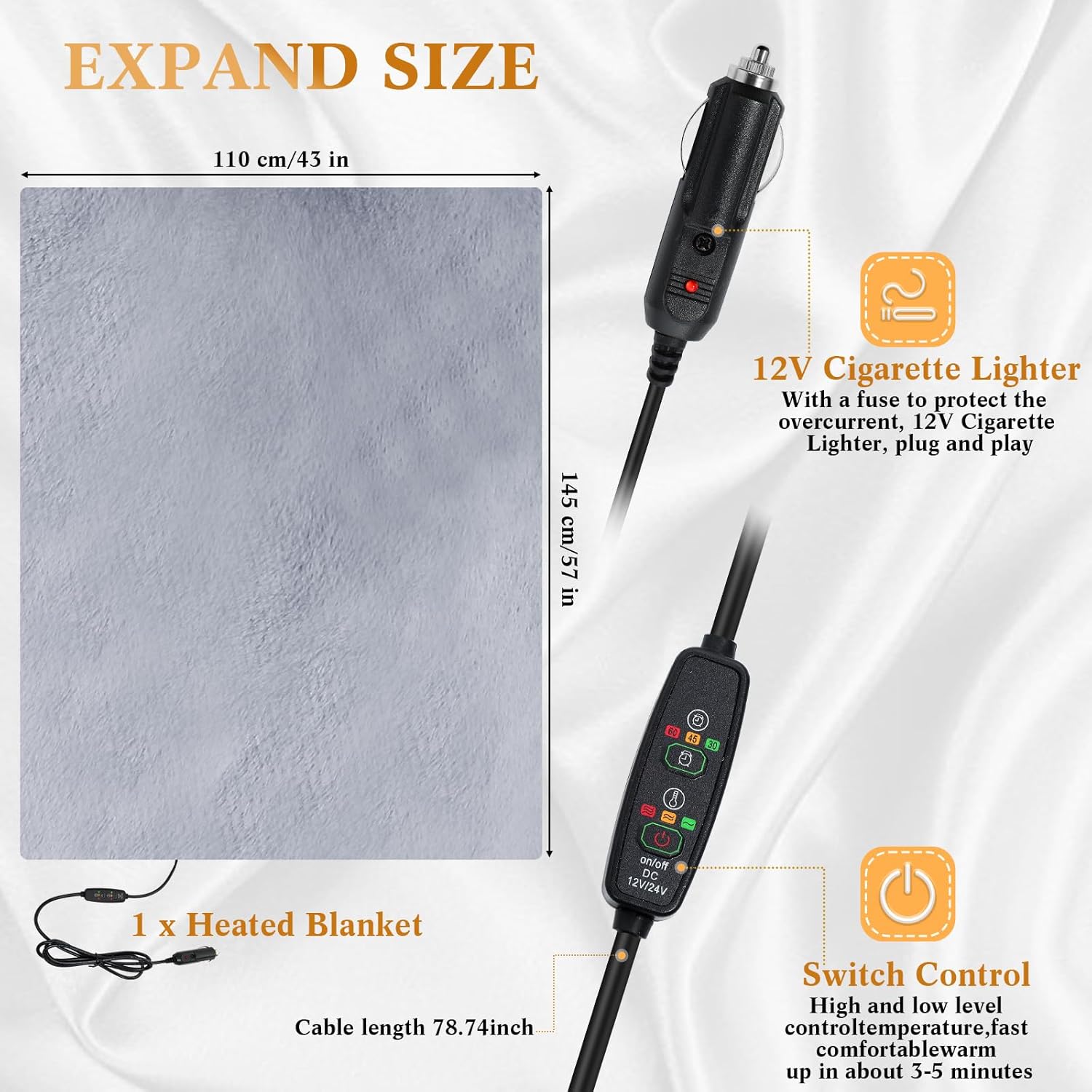 Riakrum 12V Car Heated Blanket 57"x43", Portable Electric Car Blanket with Storage Bag, Auto-Off Heat Control for Truck SUV RV Winter Travel, Camping, Road Trips, Office, Gifts for Valentine, Gray - Image 2