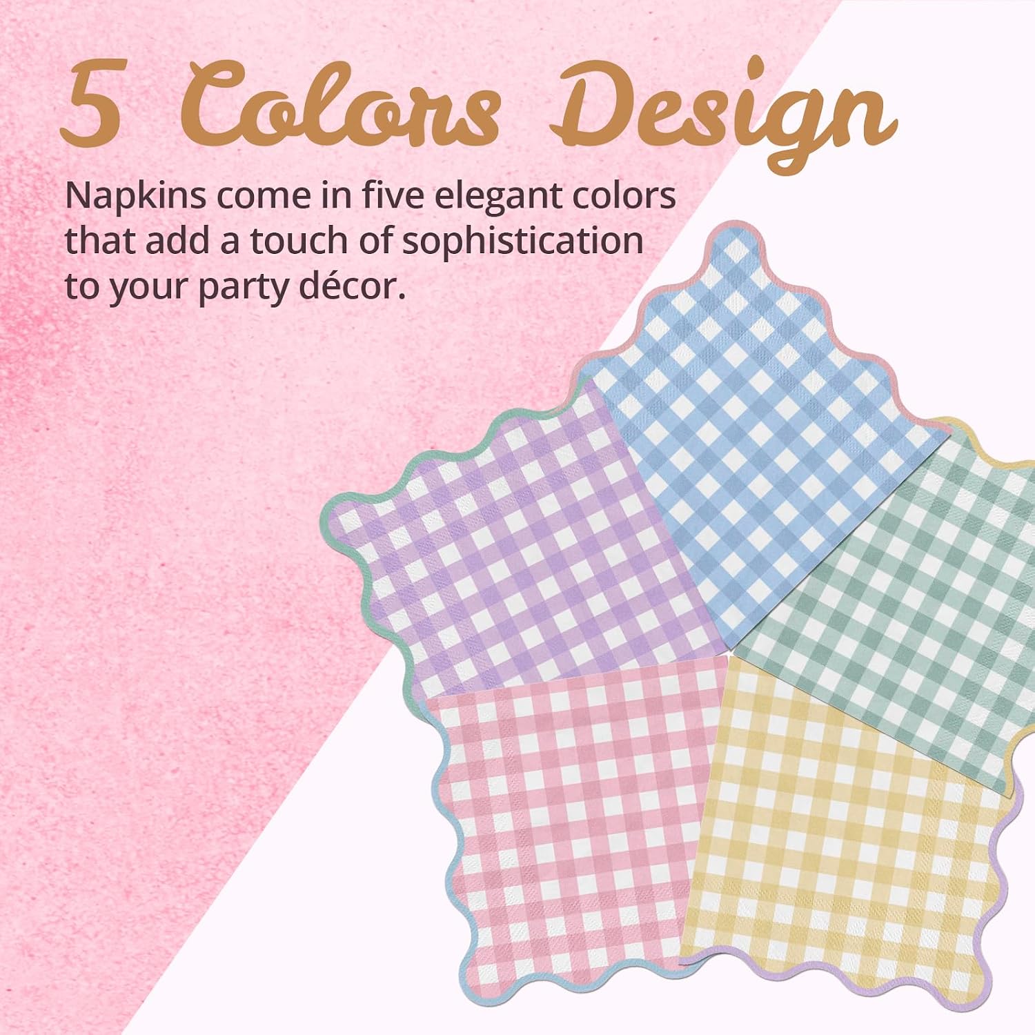 Party Paper Napkins, Scalloped Pastel Gingham Picnic Luncheon Napkins, 5 Colors, 3-Ply, 100-Sheets, 6.5 x 6.5 Inches