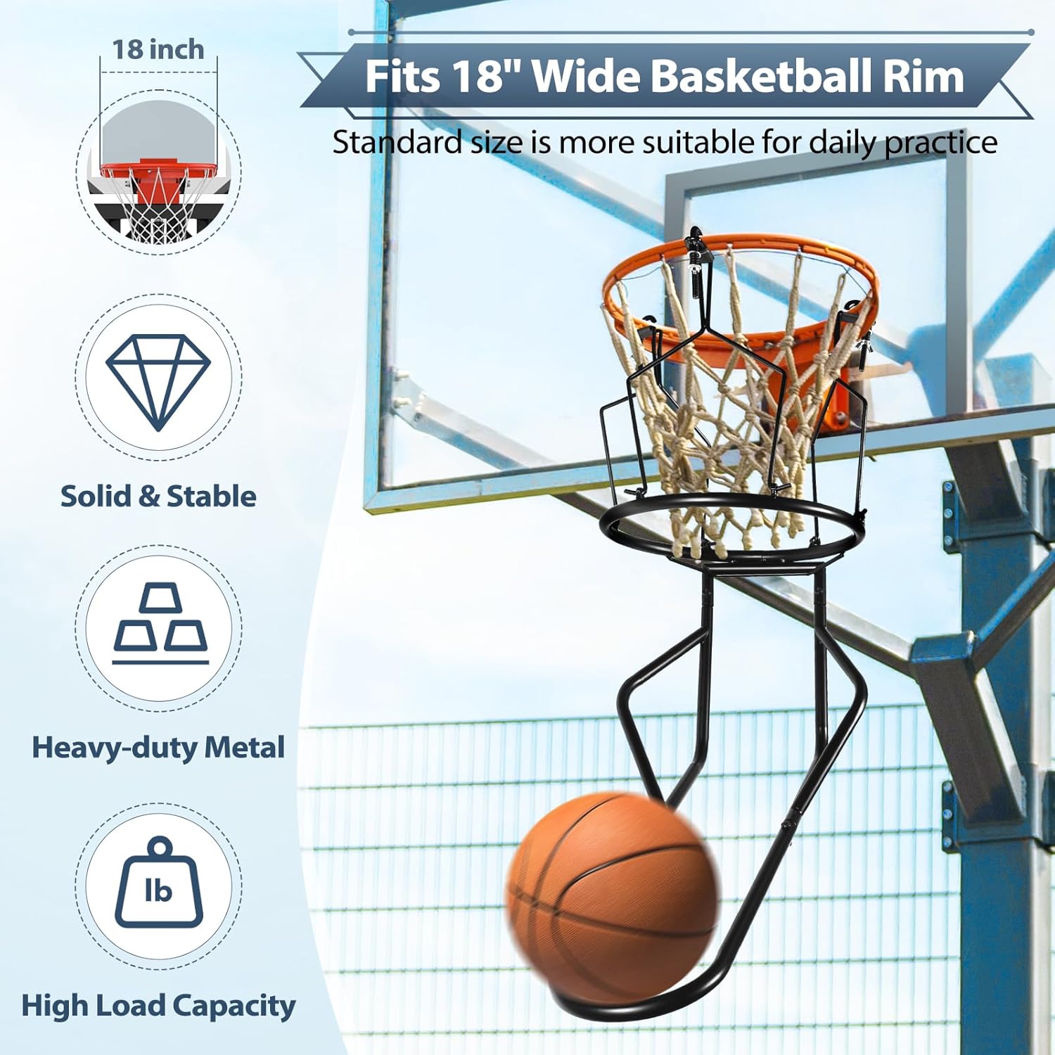 Basketball Rebounder, Sturdy Metal Basketball Return Attachment with 3 Stable Large Hooks, Heavy Duty Basketball Accessories for Boys, Ball Return Training Basketball Gear for 18" Rim Basketball Hoop