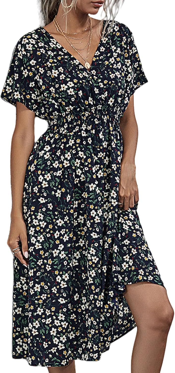 Women's Summer Floral Dress Short Sleeve V Neck Wrap Dresses with Elastic Waist Casual Knee Length A-Line Sundress Medium A-black