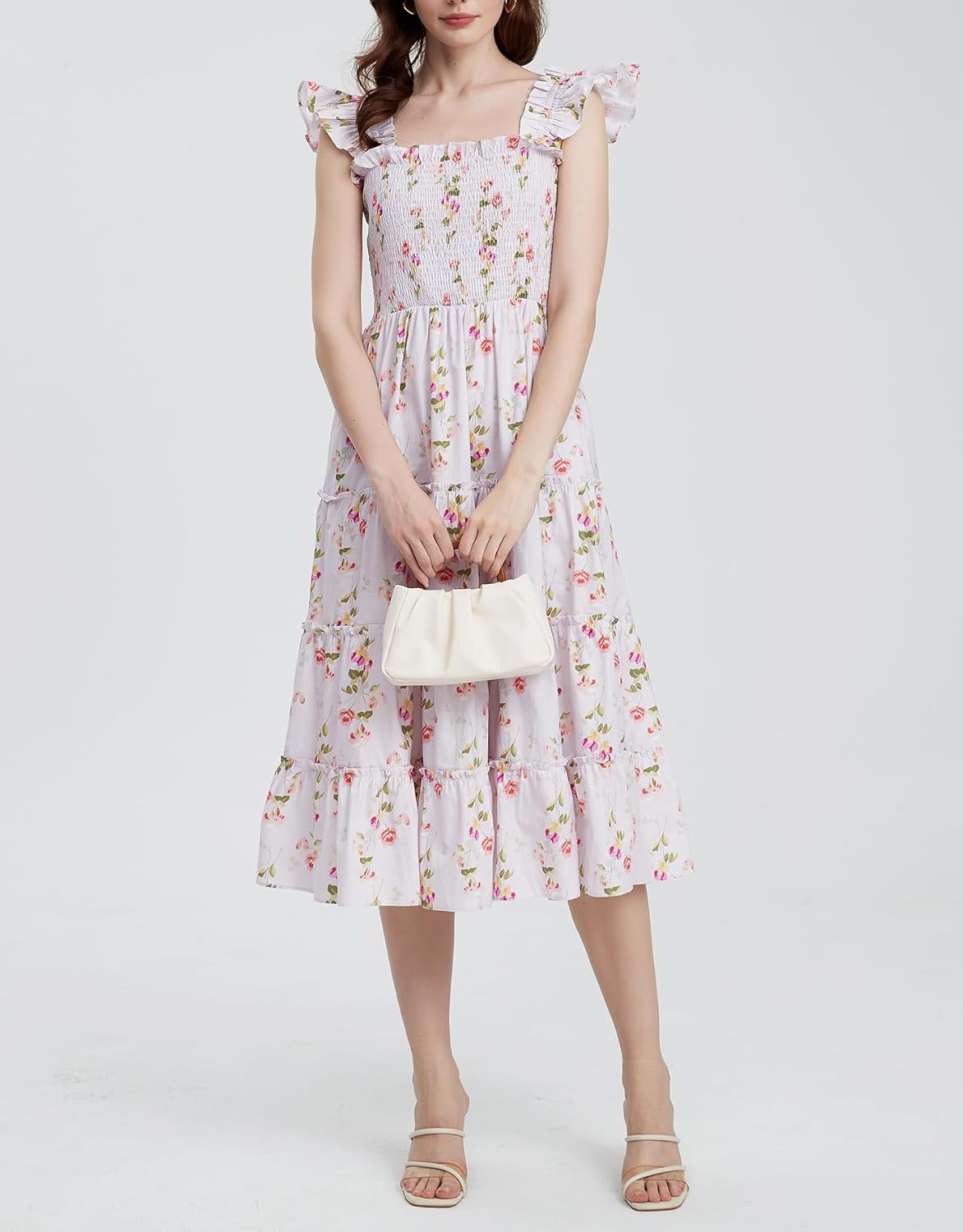 Ladyful Women's Floral Midi Dress Smocked Square Neck Boho Sleeveless Ruffle Strap Beach A-Line Flowy Sundress - Image 2