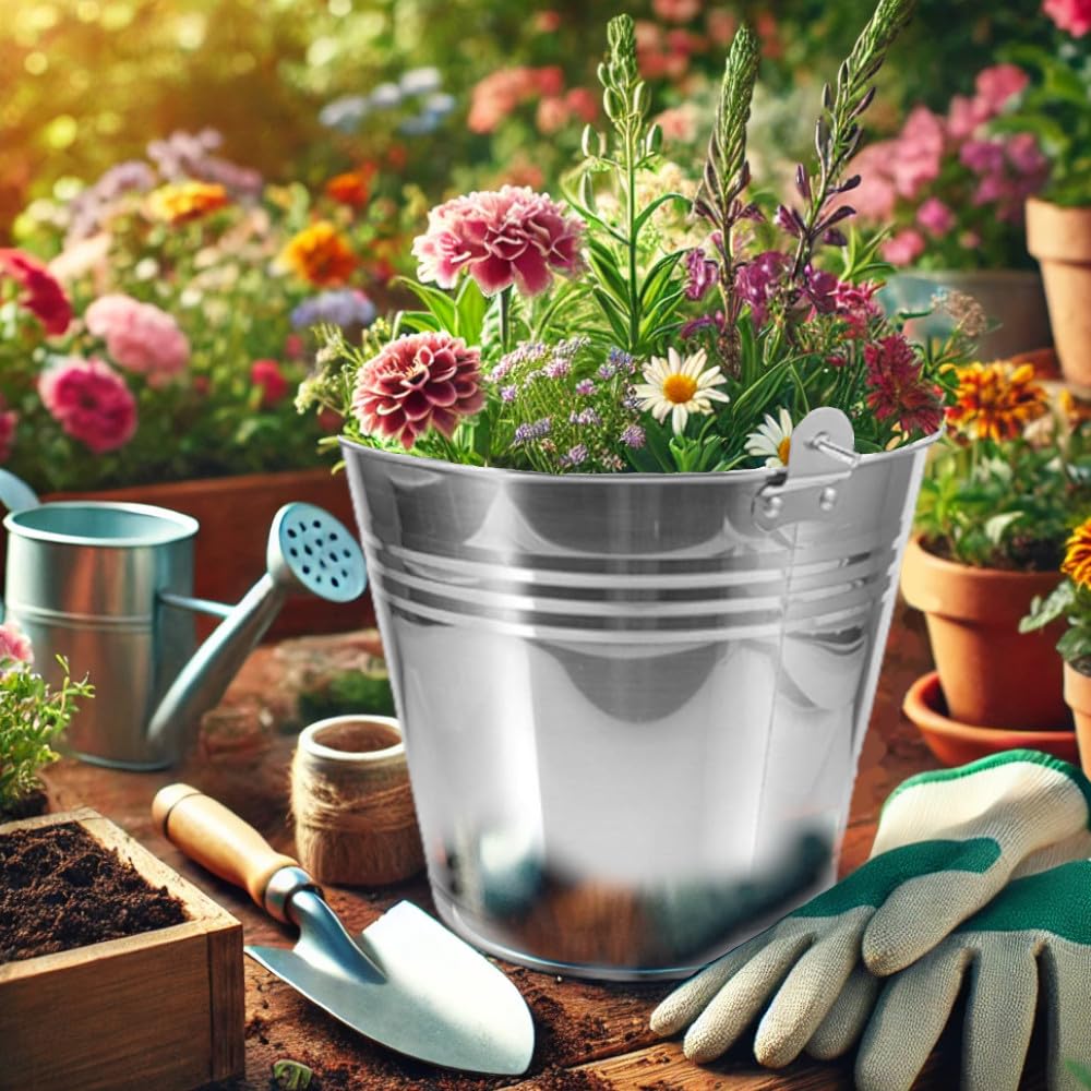Seau en acier inoxydable de 12 l, seau en métal polyvalent, idéal pour jardinage, eau, maison, liquides, engrais et mortier (12 litres)