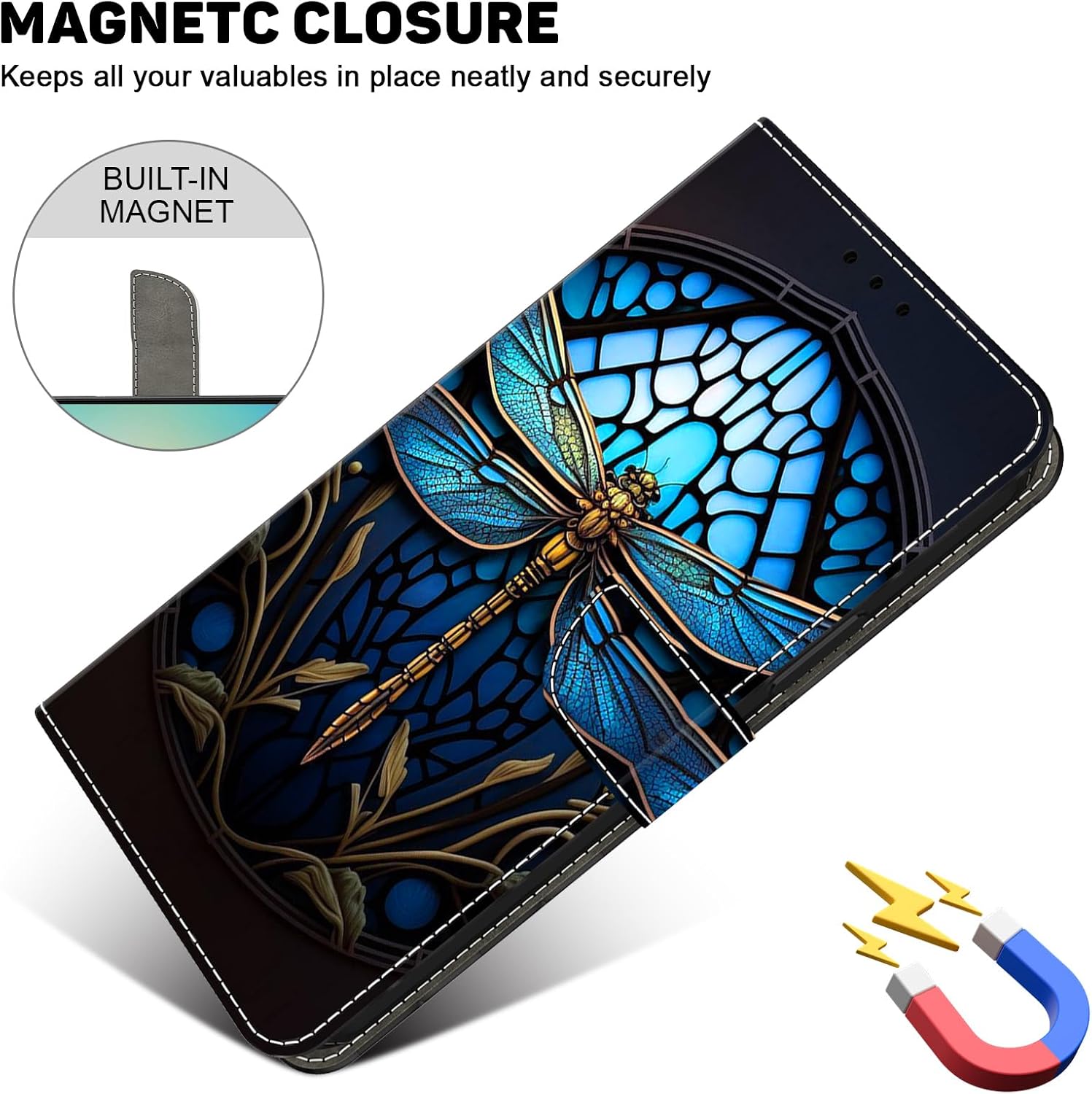 ALILANG for Google Pixel 8 5G Case, PU Leather Wallet Flip Cover with Standing Function Card Holder and Wrist Strap for Google Pixel 8 Phone Case -Blue Dragonfly