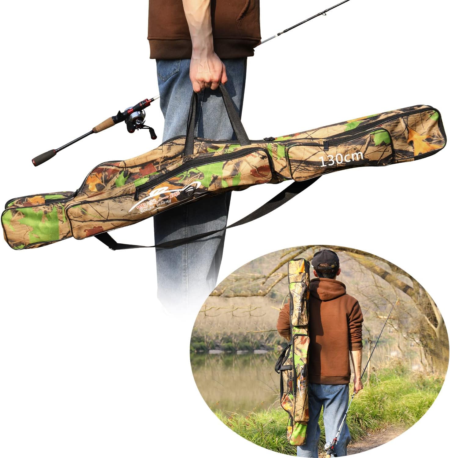 Sougayilang Folding Fishing Rod Case Organizer Pole Storage Bag Rod Reel Tackle Carrier Fishing Rod Bag Fishing Case