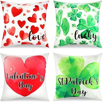 Valentines Day Pillow Covers 18x18 Set of 4 Valentine Love Heart Throw Pillow Cushion Cover St.Patricks Day Lucky Shamrock Pillow Case Spring Holiday Pillow Covers for Home Room Couch Sofa Bed Decor