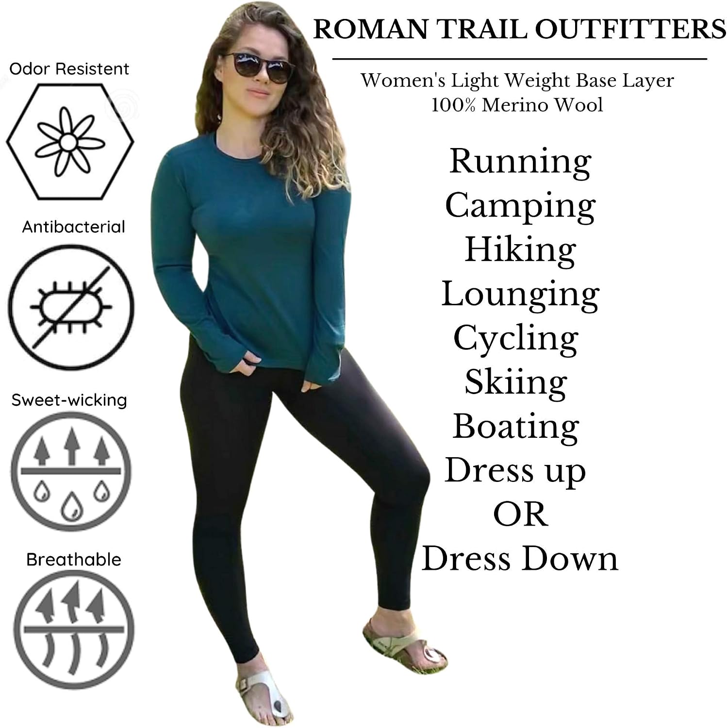 Roman Trail Outfitters Women's 100% Merino Wool Long Sleeve Shirt - Moisture Wicking - Ultralight and Soft - Odor Base Layer