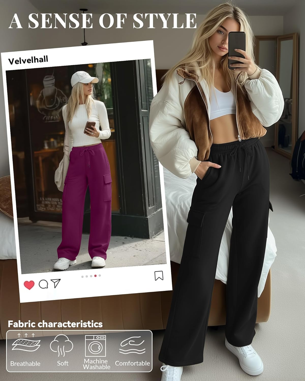 3 Pack Women's Cargo Sweatpants Wide Leg Baggy Elastic Drawstring Pants Casual Athletic Joggers with 4 Pockets - Image 4