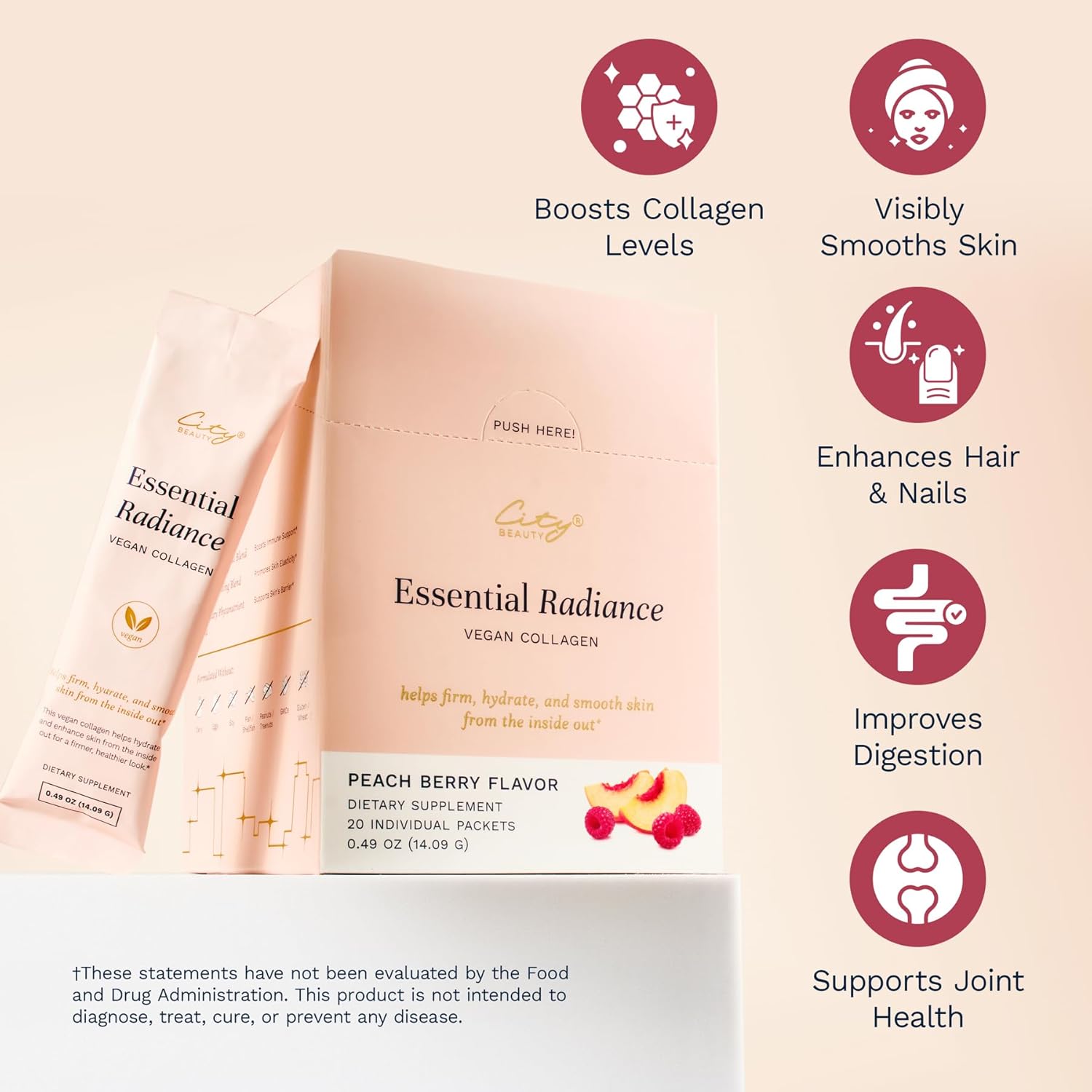 City Beauty Essential Radiance Collagen Boosting Blend – Vegan Dietary Supplement – Supports Collagen Production – Solution for Skin, Hair, and Nails – Anti-Aging Beauty Supplement