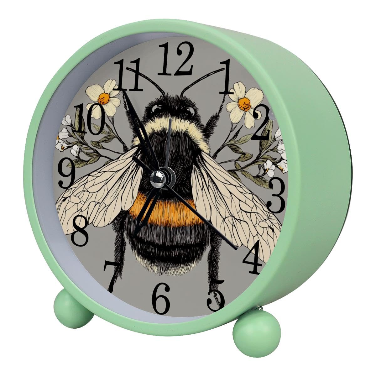 Luoweisi Alarm Clock Bee Floral, Silent Non-Ticking with Night Light, Round Metal Alarm Clock for Office, Battery Operated, Bedroom, Elderly, Adults, Children, Student Gifts