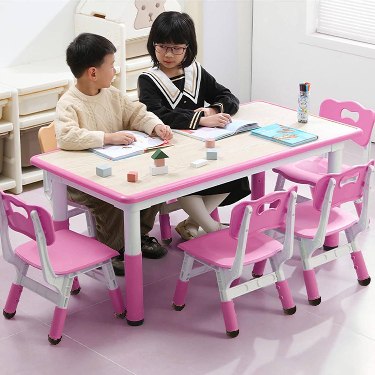 Height-Adjustable Kids Table & 6 Chairs Set – Ergonomic Toddler Desk with Graffiti Top, Non-Slip Legs, 300Lb Capacity, for Ages 2-10 in Classroom, Daycare & Home, Pink