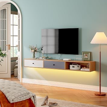 FurniNova Modern Floating TV Stand with Doors, 47 Inch Wall Mounted TV Console,Floating Media Console Cabinet Under TV Shelf for Living Room Bedroom,Natural