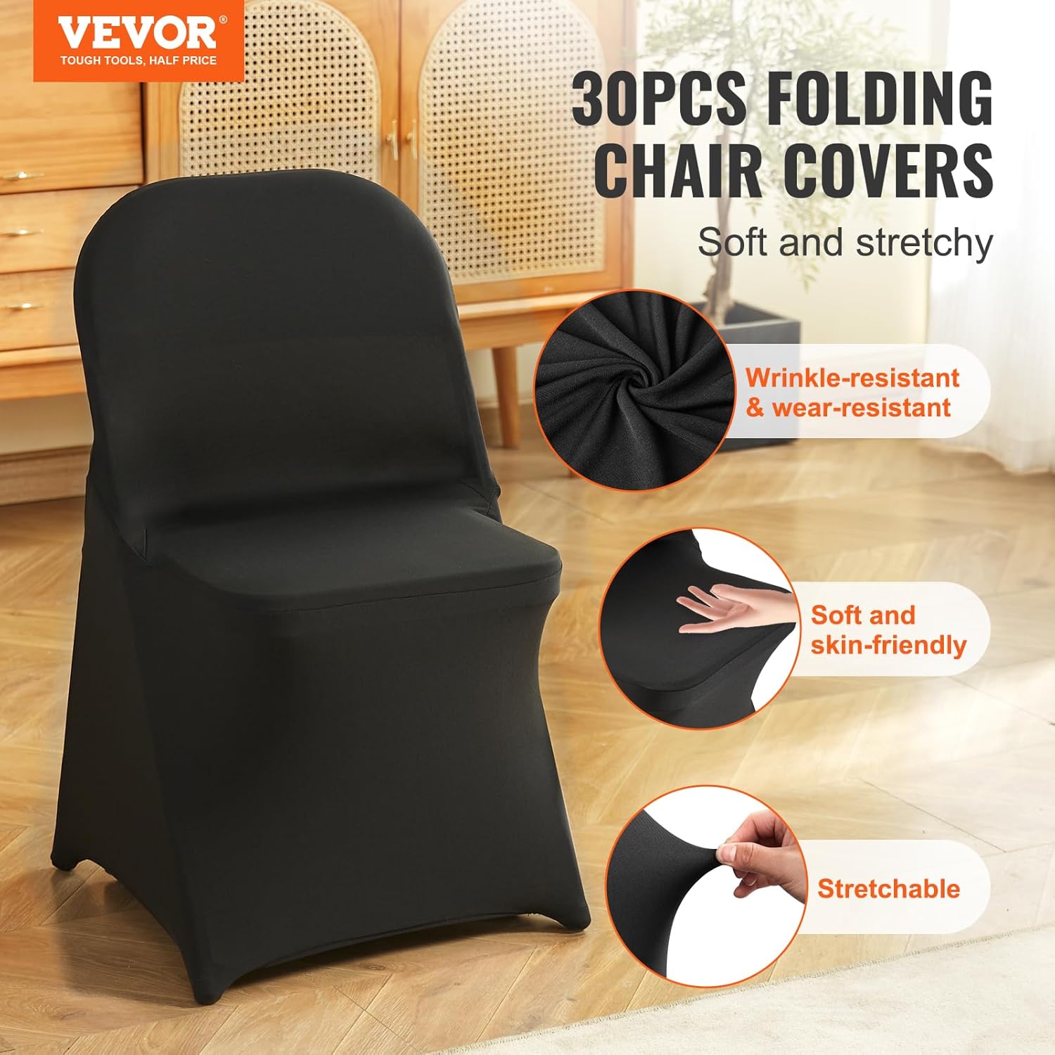 VEVOR Elastic Spandex Folding Chair Cover Universal Fit Chair Cover Removable Washable Protective Sofa Cover for Weddings, Festivals, Banquets, Parties, Celebrations, Dinners (Black-c, 30PCS)